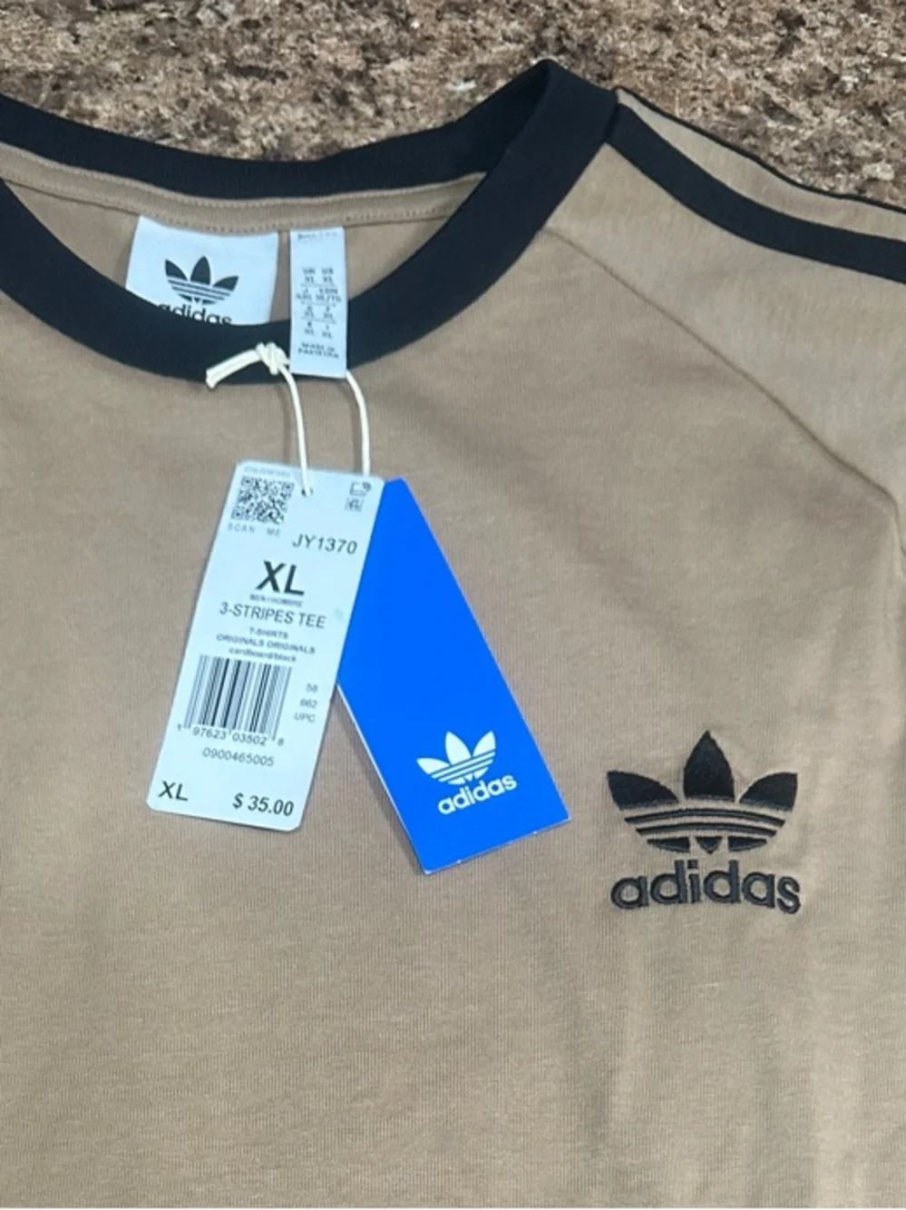 NWT adidas Men’s Tan Short Sleeve Tee with Black Trim Stripes